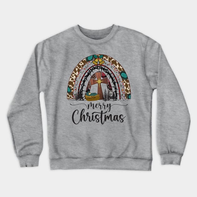 Merry Christmas Nativity Scene Rainbow Crewneck Sweatshirt by Etopix